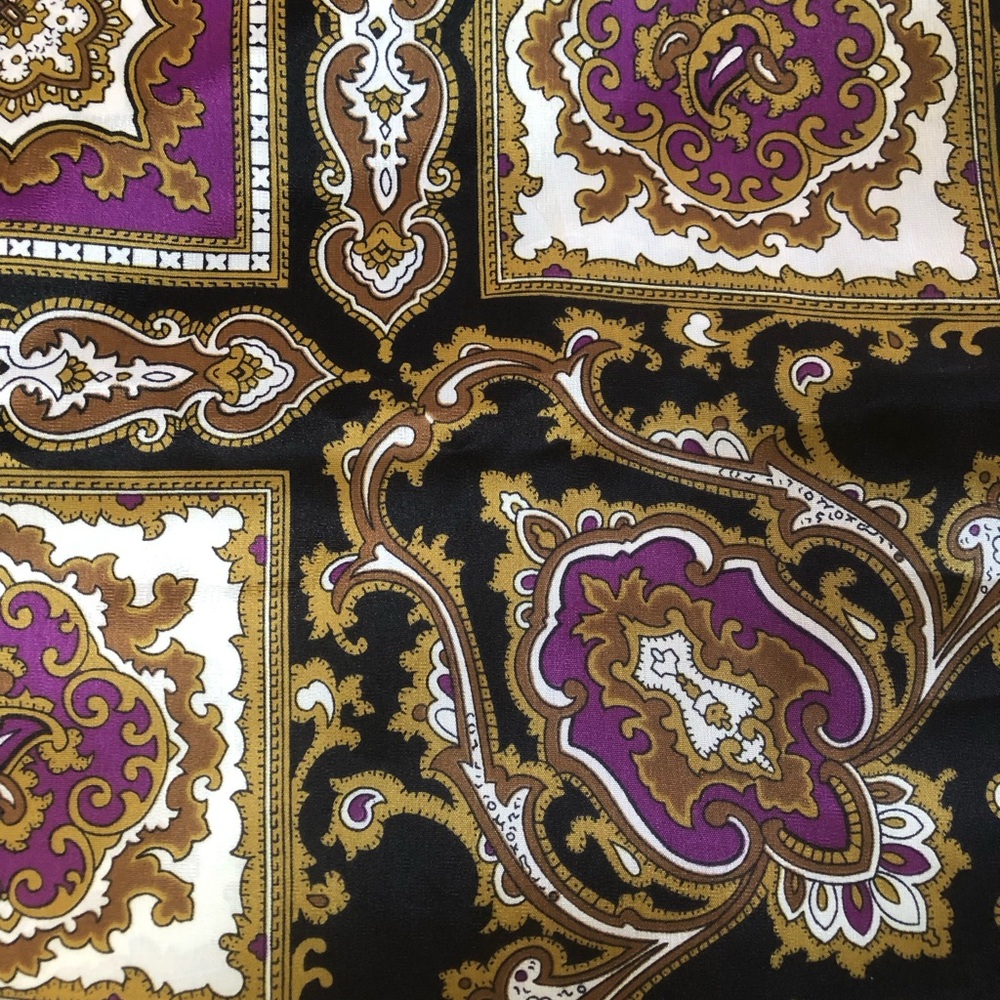 Baroque Paisley silk square Scarf in Black, Purple & Gold